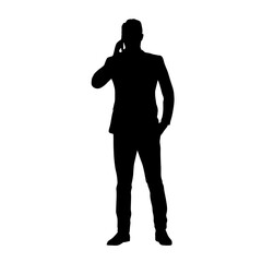 Business man standing and holding cell phone. Business call, isolated vector silhouette