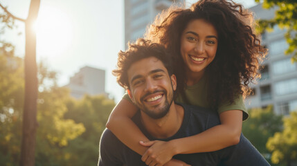 Happy couple enjoying sunny day outdoors, smiling and embracing in park setting. Their joyful expressions reflect love and connection