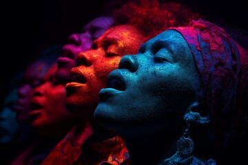 Surreal Portrait of Singing Black Woman with Neon Lights and Multiple Exposure Effect. black history month concept