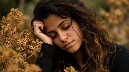 Young woman with long wavy hair resting her head on her hand among yellow flowers