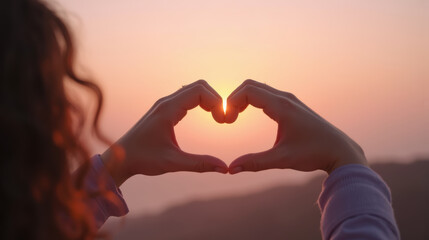 Fototapeta premium Person forms heart shape with their hands against beautiful sunset, symbolizing love and connection. warm colors of sky create serene atmosphere