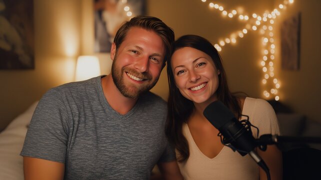Engaging podcast hosts discussing artificial intelligence in a cozy room filled with warm lights