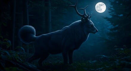 Wolf, Deer, Hybrid, Majestic Wolf-Deer Hybrid Under the Moonlight