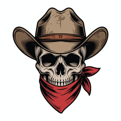 Cowboy Skull Wearing Western Hat and Bandana – Vintage Emblem Vector Illustration

