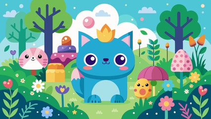 Naklejka premium Cute blue cat wearing a crown in a whimsical forest with friends
