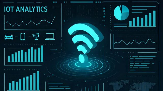 A modern digital interface illustrating IoT analytics with various data metrics, charts, and graphs, showcasing the interconnectedness of devices in the smart technology ecosystem. - Powered by Adobe