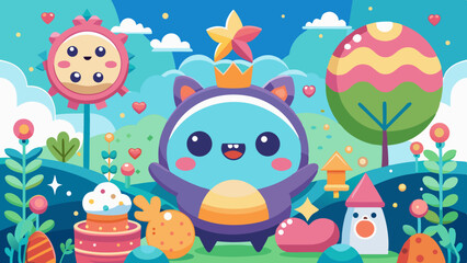 Cute blue cartoon monster wearing a crown in a whimsical fantasy landscape