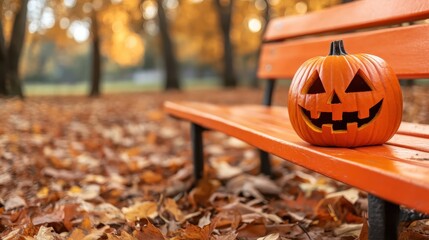 A cheerful jack-o'-lantern resting on a park bench surrounded by autumn foliage, capturing the essence of Halloween festivities, seasonal change, and heartfelt traditions.