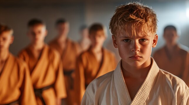 A serious young boy in a karate gi stands in a dojo, focused and determined, with fellow students behind him, embodying the spirit of martial arts and discipline.