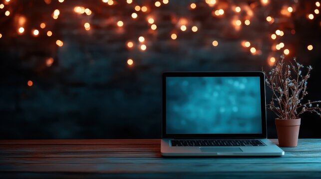 A serene workspace featuring a laptop and a small plant in a pot, illuminated by soft lights, evoking a sense of calmness, focus, and productivity in a cozy environment.