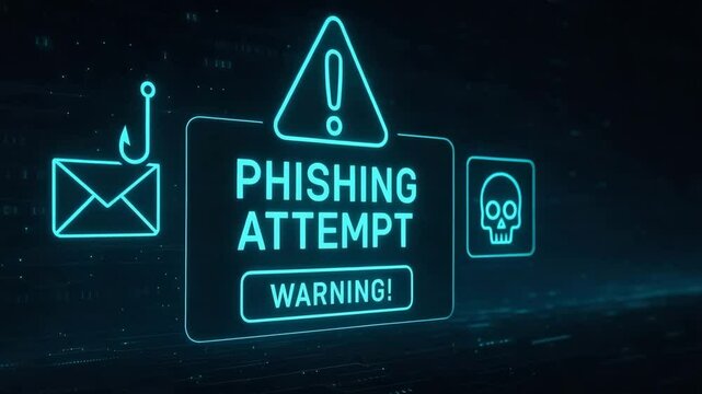 Visual representation of a phishing attempt warning, featuring icons like a hook, envelope, and skull. This graphic highlights the dangers of online scams and cyber threats.