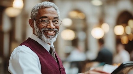 A cheerful elderly man wearing glasses and a vest smiles warmly at the viewer, embodying wisdom, kindness, and the joy of connection in a cozy indoor environment.
