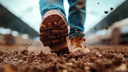 This image captures a close-up of a muddy boot stepping through loose earth, reflecting the hard work and connection to nature typical of agricultural endeavors.