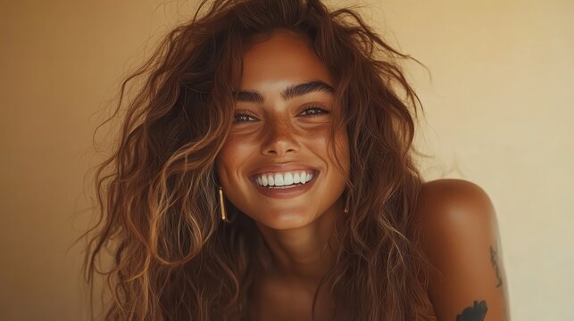 A beautiful woman with wavy hair and a radiant smile, capturing the essence of joy and warmth, inviting viewers to share in her happiness and positive aura.