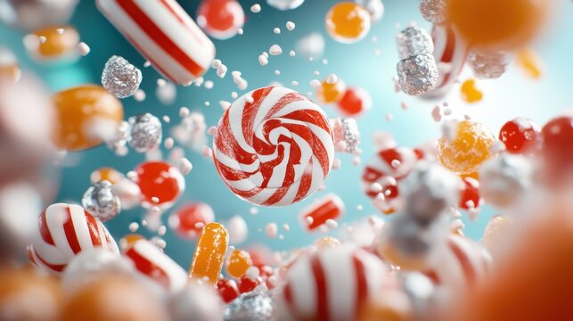 An eye-catching assortment of bright candies floats against a soft backdrop, creating a playful and vibrant composition full of sweetness and nostalgia representing joy.