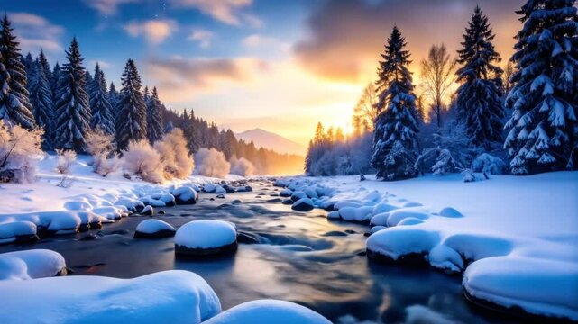 Serene Winter Wonderland: A Picturesque River Flowing Through a Snow-Covered Forest at Sunset