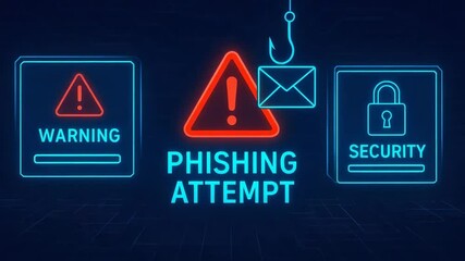 Digital illustration warning about phishing attempts. Bright neon signs with messages about email security, highlighting the importance of cybersecurity in today's digital world. - Powered by Adobe