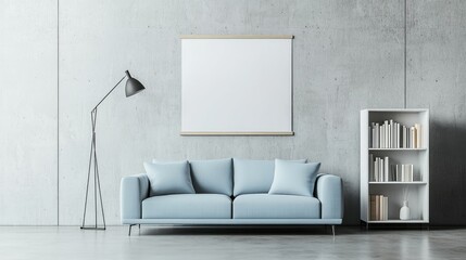 Light blue couch in a modern concrete room with a floor lamp and bookshelves.