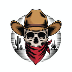 Cowboy Skull Wearing Western Hat and Bandana – Vintage Emblem Vector Illustration


