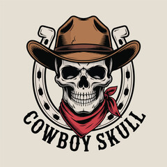 Cowboy Skull Wearing Western Hat and Bandana – Vintage Emblem Vector Illustration

