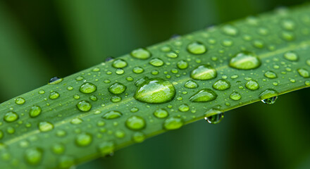 A vibrant green leaf glistens with fresh water drops, a macro close-up highlighting nature's serene freshness after the rain