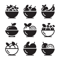 Fruit Bowl Icon Set Collection. Assorted Fruit Bowls, Flat Icon Set
