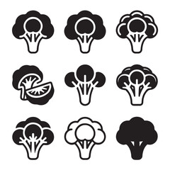 Broccoli Icon Set for Veggies. Nine Outline Illustrations of Broccoli Heads
