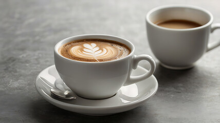 A fresh cup of dark roast espresso with steamed milk, beautifully presented in a clean white ceramic cup and saucer. The beverage features rich crema and a subtle swirl of milk, symbolizing a classic 
