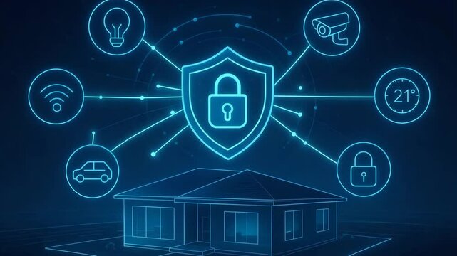 A futuristic depiction of a smart home security system, featuring icons for surveillance, connectivity, and automation, emphasizing safety and modern living through technology.