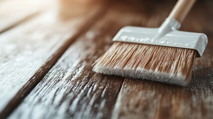 An artful image of a clean paintbrush placed delicately on a wooden surface, highlighting the meticulous nature of refinishing work and evoking a sense of craftsmanship.