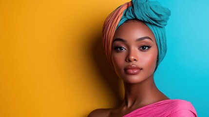 Showcasing beauty and confidence, this portrait image features a stylish model adorned in a vibrantly colored turban against a contrasting background, symbolizing diversity and self-expression.