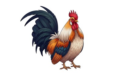 Fototapeta premium Cartoon rooster with vibrant plumage and detailed feather texture on white background