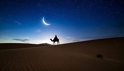 Beautiful silhouette of a person riding a camel across the serene desert under a starry night sky with a shining crescent moon. Islamic concept, muhraam, Ramadan, Eid