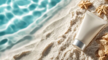 A tube of sunscreen rests on a sandy beach accompanied by seas stars, emphasizing the need for skin protection while enjoying sunny beach days in a serene environment.