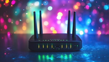 A black wireless router, four antenna, sits on a reflective surface.  Vibrant, multicolored bokeh lights surround it