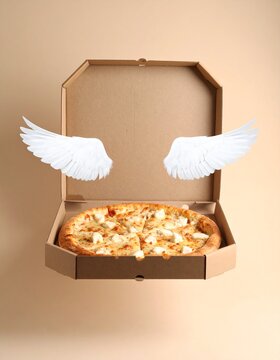 Naklejki Flying pizza box with wings, symbolizing fast and fun takeout delivery. A quirky concept blending food and motion in a creative, eye-catching way.