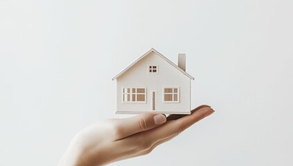 Hand holding a small white house model