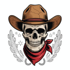 Cowboy Skull Wearing Western Hat and Bandana – Vintage Emblem Vector Illustration

