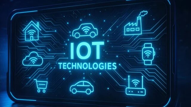 A futuristic representation of IoT technologies featuring interconnected devices like smart homes, cars, and wearables