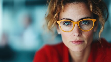 A close-up portrait of a thoughtful woman wearing stylish glasses, capturing her deep expression and intelligence against a beautifully blurred background.