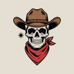 Cowboy Skull Wearing Western Hat and Bandana – Vintage Emblem Vector Illustration

