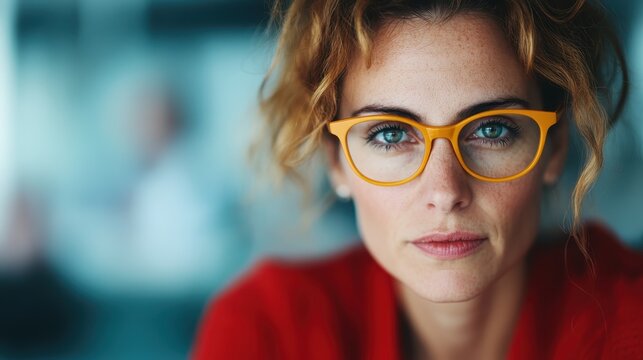 A close-up portrait of a thoughtful woman wearing stylish glasses, capturing her deep expression and intelligence against a beautifully blurred background. - Powered by Adobe