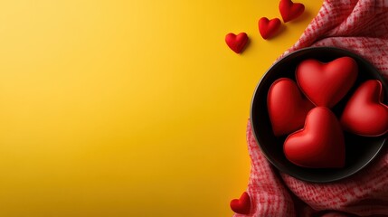 A vibrant display of red hearts arranged artistically on a bright yellow background, symbolizing love and affection in a playful and eye-catching manner.