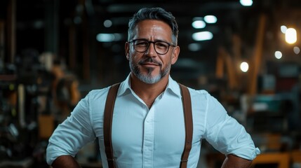 A skilled man stands confidently in an industrial workshop, embodying strength and expertise with a backdrop of machinery and tools, ready for any challenge.
