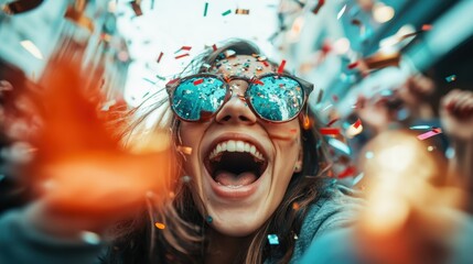 A vibrant celebration scene filled with confetti, joy, and festivities, showcasing a woman with sunglasses capturing the excitement of the moment in a crowded setting.
