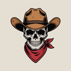 Cowboy Skull Wearing Western Hat and Bandana – Vintage Emblem Vector Illustration

