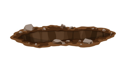 Hole ground. Works digging of sand coal waste rock or gravel. Brown, dry mine element of landscape. Cartoon illustration