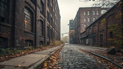 Old European town narrow cobblestone street with ancient brick buildings and traditional houses