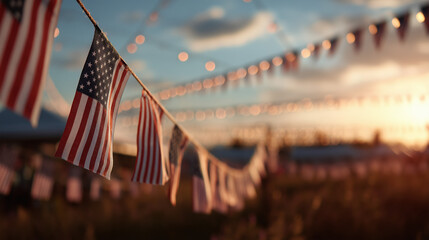 Field of flags, American flag banners hanging, party, Patriotic celebration of independence. July 4th, fourth of July, the Independence Day holiday in the United States