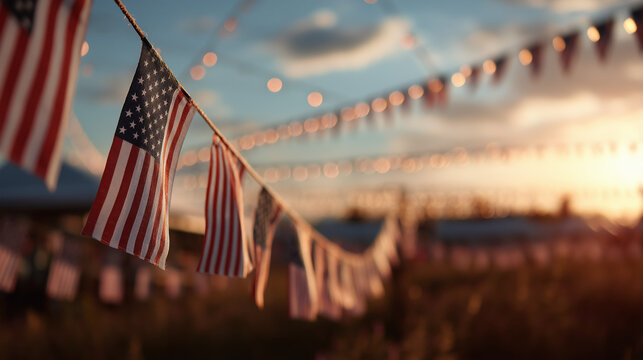Field of flags, American flag banners hanging, party, Patriotic celebration of independence. July 4th, fourth of July, the Independence Day holiday in the United States
